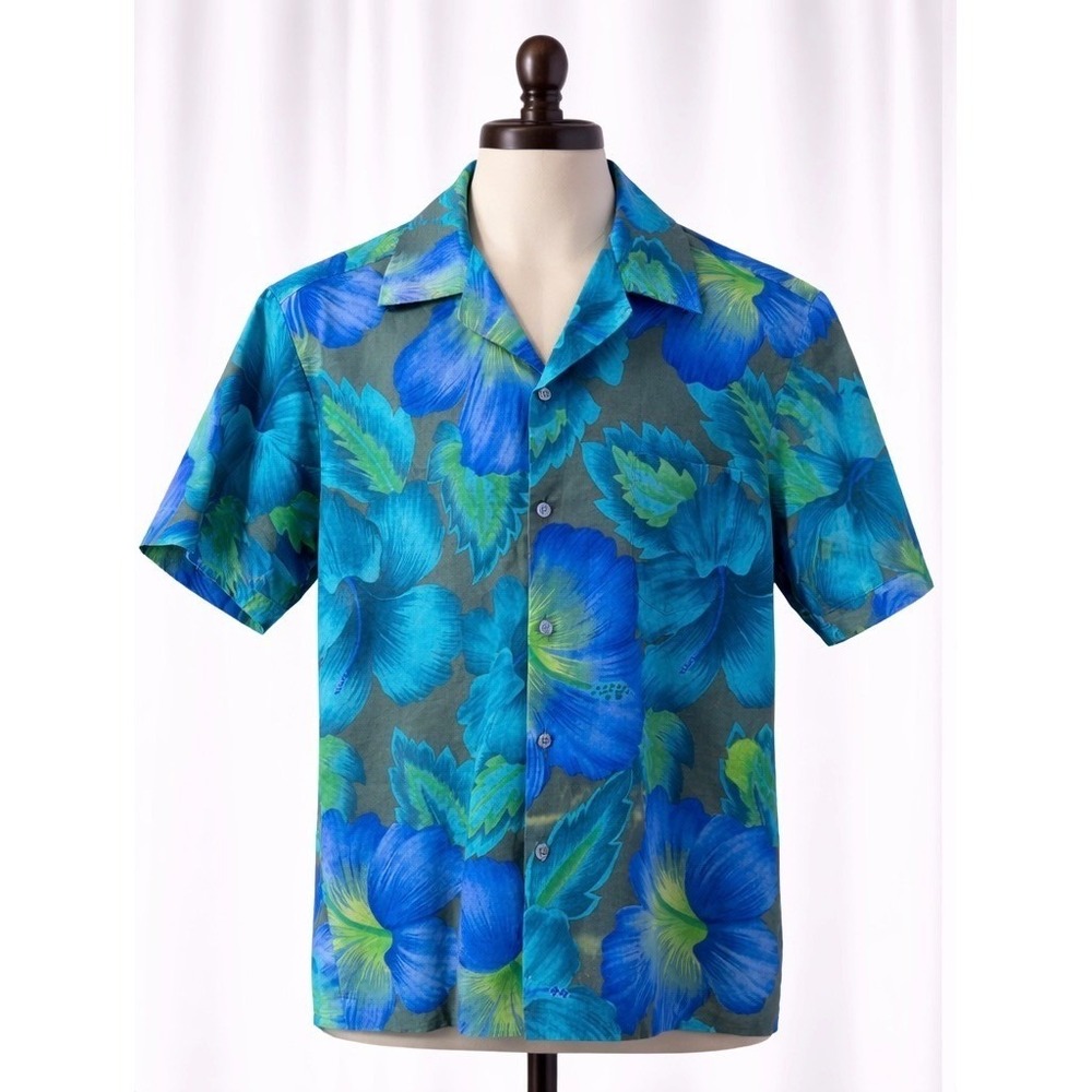 Hilo Hattie Hawaiian Shirt Mens M Blue Green Floral Hibiscus USA Flaws‎ Read